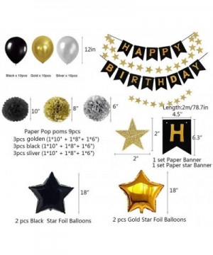 Black Gold Silver Birthday Party Decoration Set - Paper Pom Pom Flowers- Happy Birthday Banner and Star Garland Balloons Part...