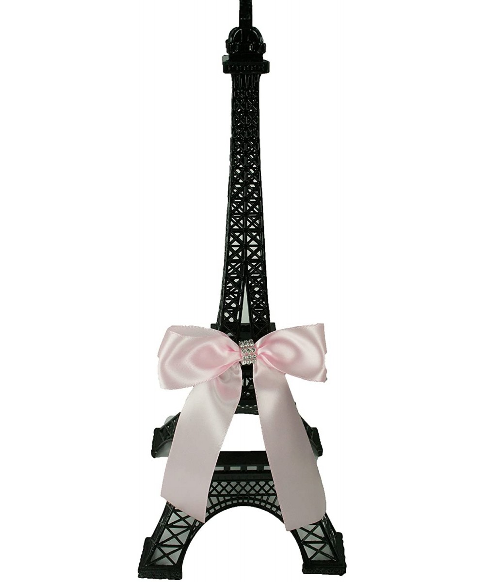 6" Tall Black Metal Eiffel Tower Cake Topper with Satin Bow Designed with Rhinestones Choose Bow Color - Light Peach Bow - CT...