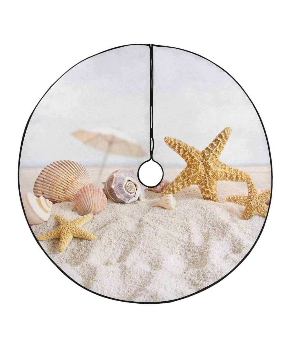 Christmas Tree Skirt Sandy Beach Starfish Seashells 47 inches Circular Mat for Christmas Holiday Party Xmas Decorations - C61...