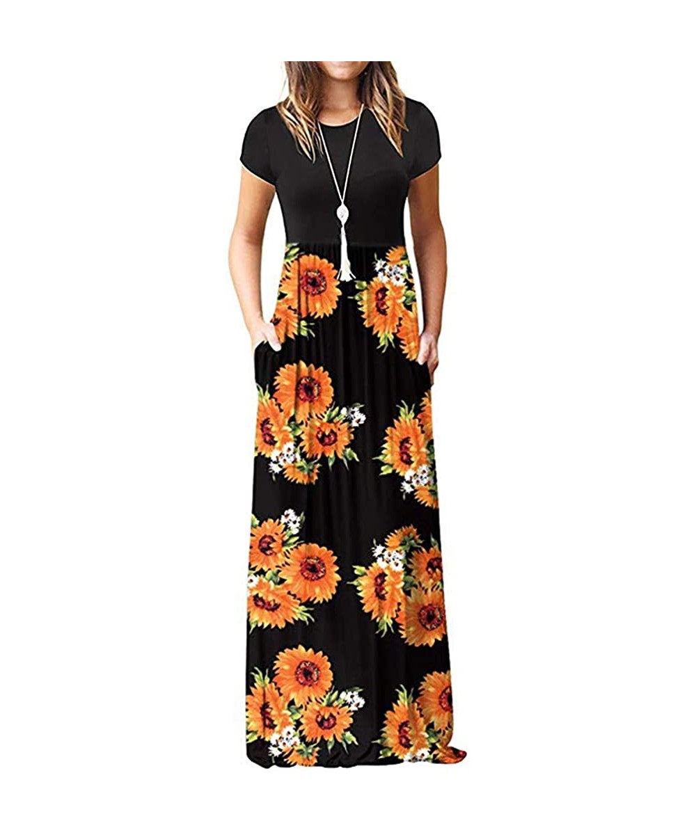 Women Printed Floor-Length Maxi Dress Sunflower O-Neck Short Sleeve Casual Bohemian Long Dress - Black - C218R76OLKN $12.67 P...