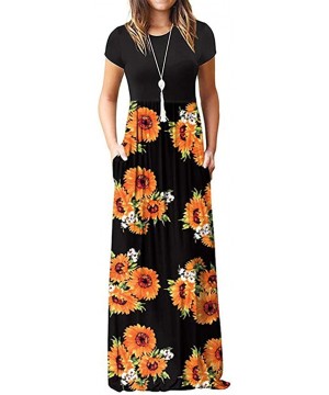 Women Printed Floor-Length Maxi Dress Sunflower O-Neck Short Sleeve Casual Bohemian Long Dress - Black - C218R76OLKN $12.67 P...