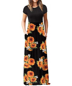 Women Printed Floor-Length Maxi Dress Sunflower O-Neck Short Sleeve Casual Bohemian Long Dress - Black - C218R76OLKN $12.67 P...