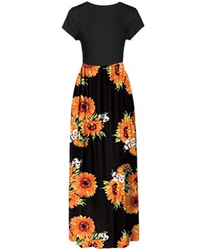 Women Printed Floor-Length Maxi Dress Sunflower O-Neck Short Sleeve Casual Bohemian Long Dress - Black - C218R76OLKN $12.67 P...