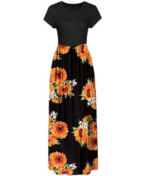 Women Printed Floor-Length Maxi Dress Sunflower O-Neck Short Sleeve Casual Bohemian Long Dress - Black - C218R76OLKN $12.67 P...