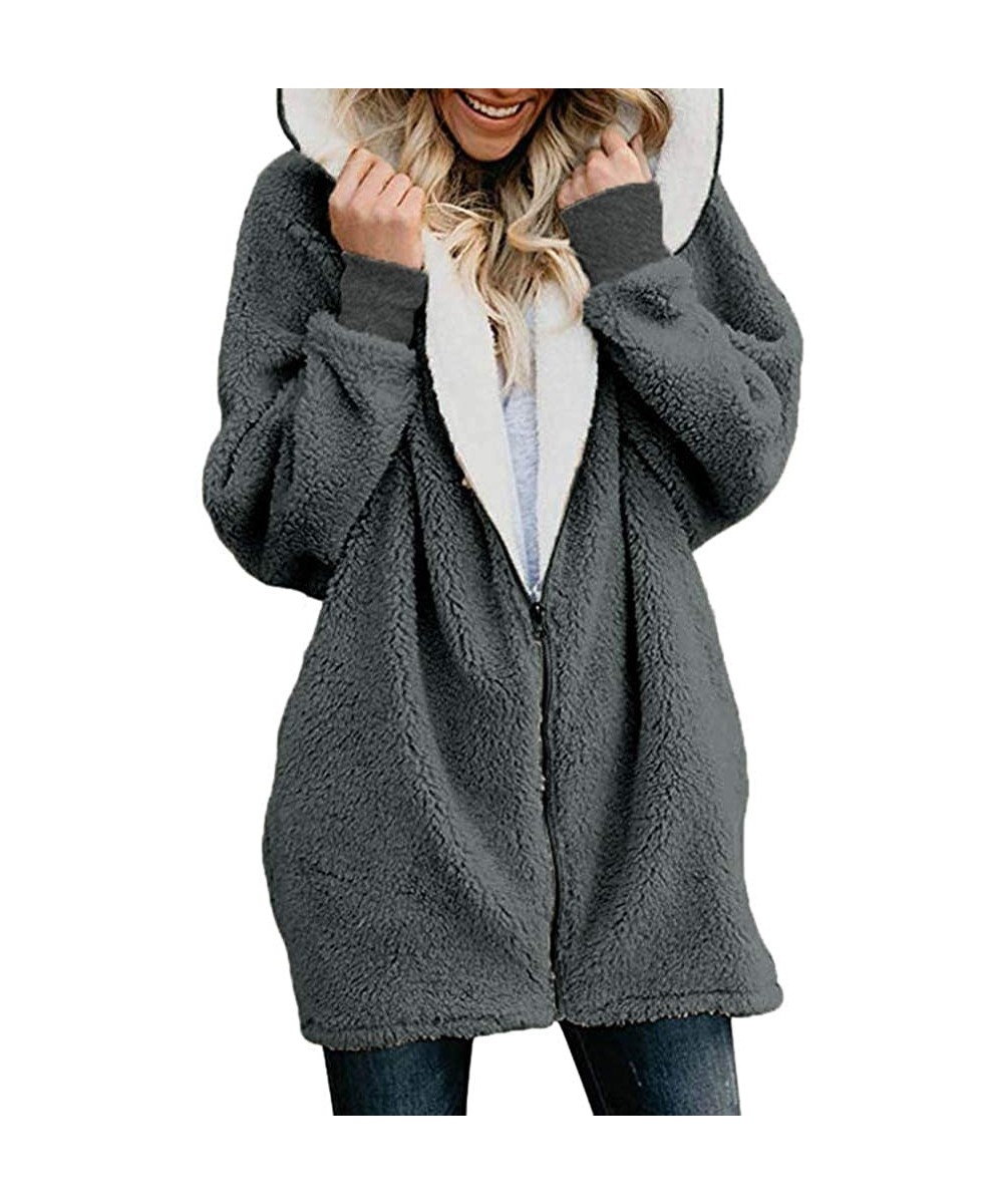 Women Winter Coats Plus Size Solid Zip Down Hooded Jacket Casual Loose Fluffy Coat Cardigans Outwear with Pocket - Dark Gray ...