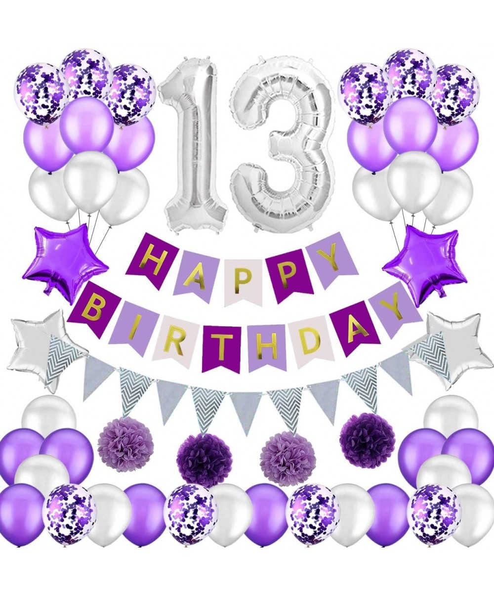 Purple and Silver Birthday Decorations Set-Purple Happy Birthday Banner Latex and Confetti Balloons Paper Garland Huge Number...