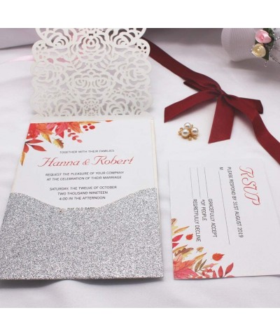 25Pcs Silver Glitter Laser Cut Invitations with RSVP Cards and Envelopes Luxury Diamond and Ribbon Design with 250GSM Pearl P...