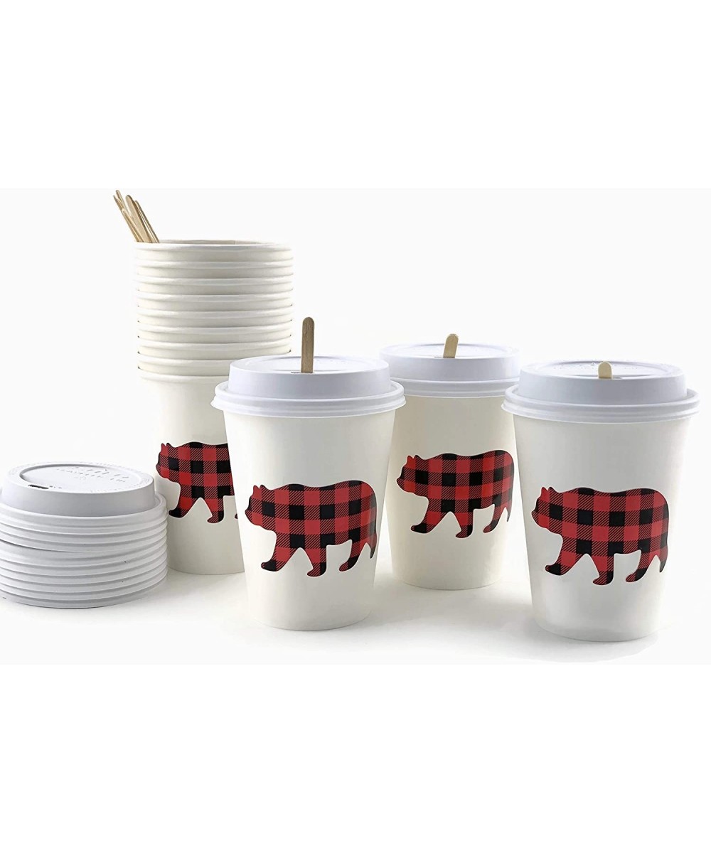Buffalo Plaid Bear Lumberjack Party Paper Cups with Lids and Stirrers (12 Set) - CL18ZT82Z48 $15.00 Tableware