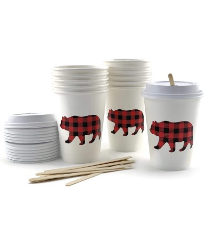 Buffalo Plaid Bear Lumberjack Party Paper Cups with Lids and Stirrers (12 Set) - CL18ZT82Z48 $15.00 Tableware