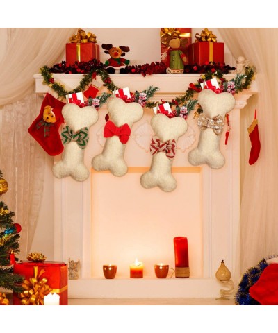 Dog Bone Christmas Stockings Pet Burlap Christmas Stockings Fireplace Hanging Stockings with Bowknot for Christmas Hanging De...