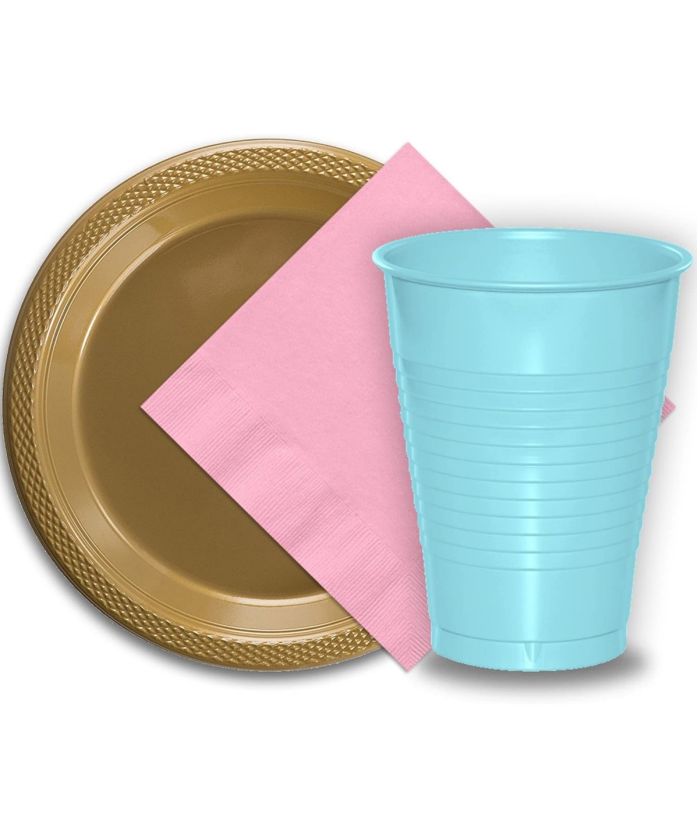 50 Gold Plastic Plates (9")- 50 Light Blue Plastic Cups (12 oz.)- and 50 Pink Paper Napkins- Dazzelling Colored Disposable Pa...