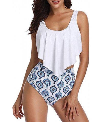 Swimsuits for Women-Two Pieces Bathing Suits Top Ruffled Racerback High Waisted Bottom Tankini Set Swimwear - Blue03 - C218S7...