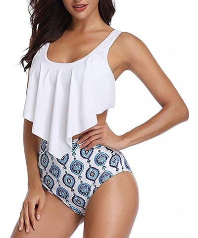 Swimsuits for Women-Two Pieces Bathing Suits Top Ruffled Racerback High Waisted Bottom Tankini Set Swimwear - Blue03 - C218S7...