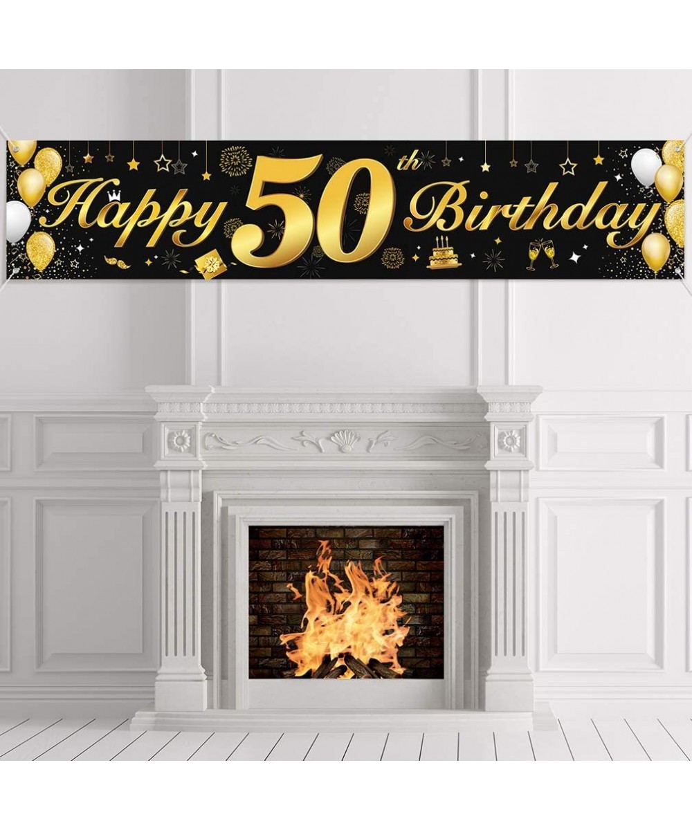 Happy 50th Birthday Banner-Durable Black and Gold Glitter Cheer to 50 Years Photo Booth Backdrop Background Banner for 50th B...