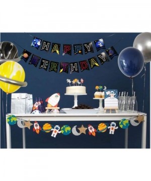 Outer Space Birthday Party Decorations- To the Moon Happy Birthday Banner Rocket Astronaut Silver Moon Star Foil Black Deep B...