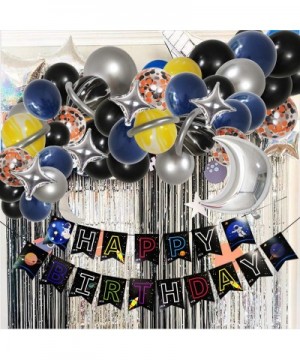 Outer Space Birthday Party Decorations- To the Moon Happy Birthday Banner Rocket Astronaut Silver Moon Star Foil Black Deep B...