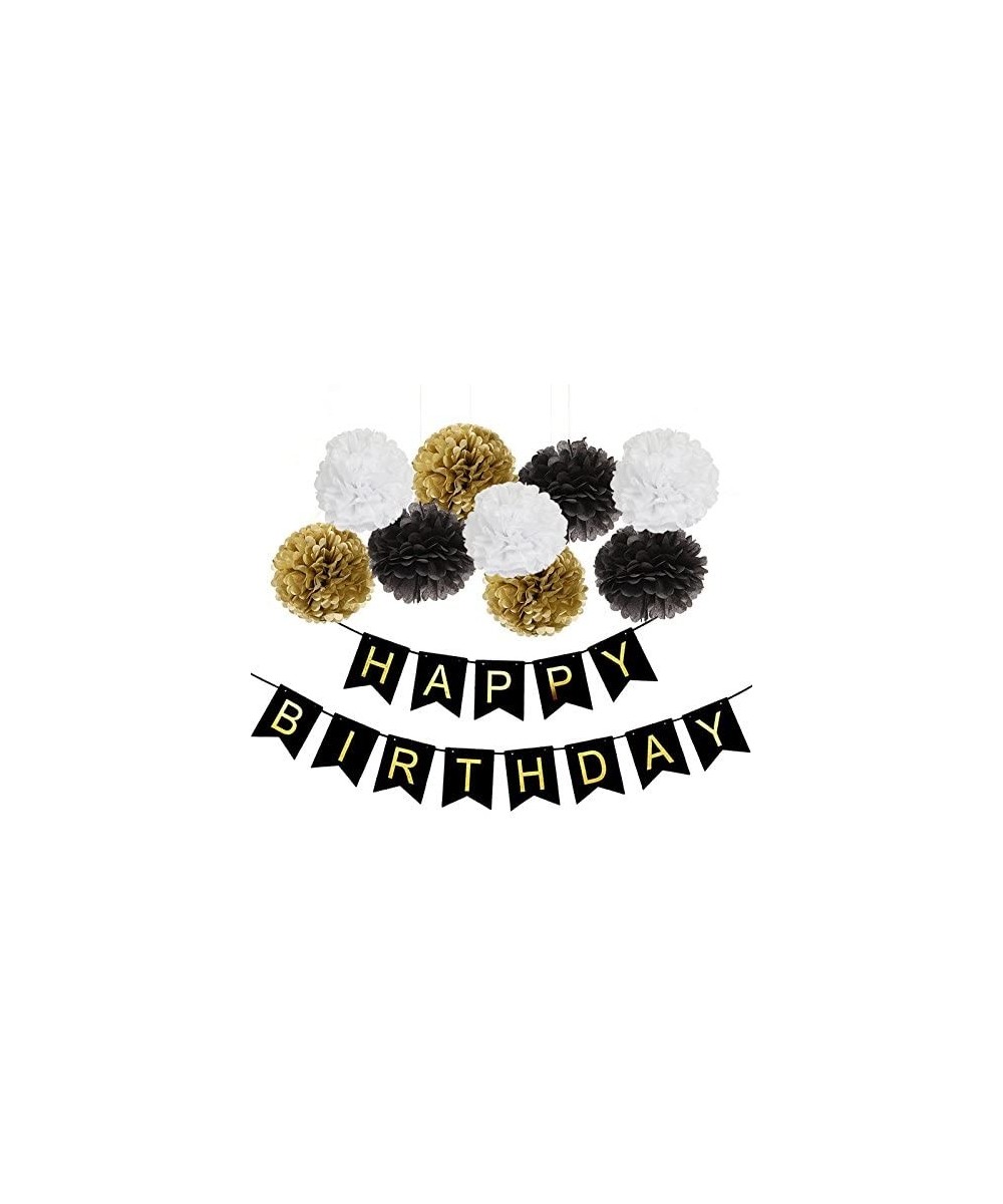Black Happy Birthday Bunting Banner with Shimmering Gold Letters-10 Inch Tissue Paper Pom Poms for 21st 30th 40th 50th 60th 7...