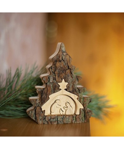 Wooden Christmas Nativity Scene Table Ornament- Natural Holiday Decor- Finished Wood and Unfinished Bark- Home or Living Room...