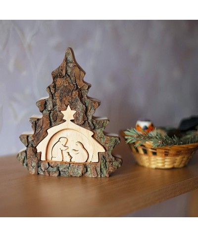 Wooden Christmas Nativity Scene Table Ornament- Natural Holiday Decor- Finished Wood and Unfinished Bark- Home or Living Room...