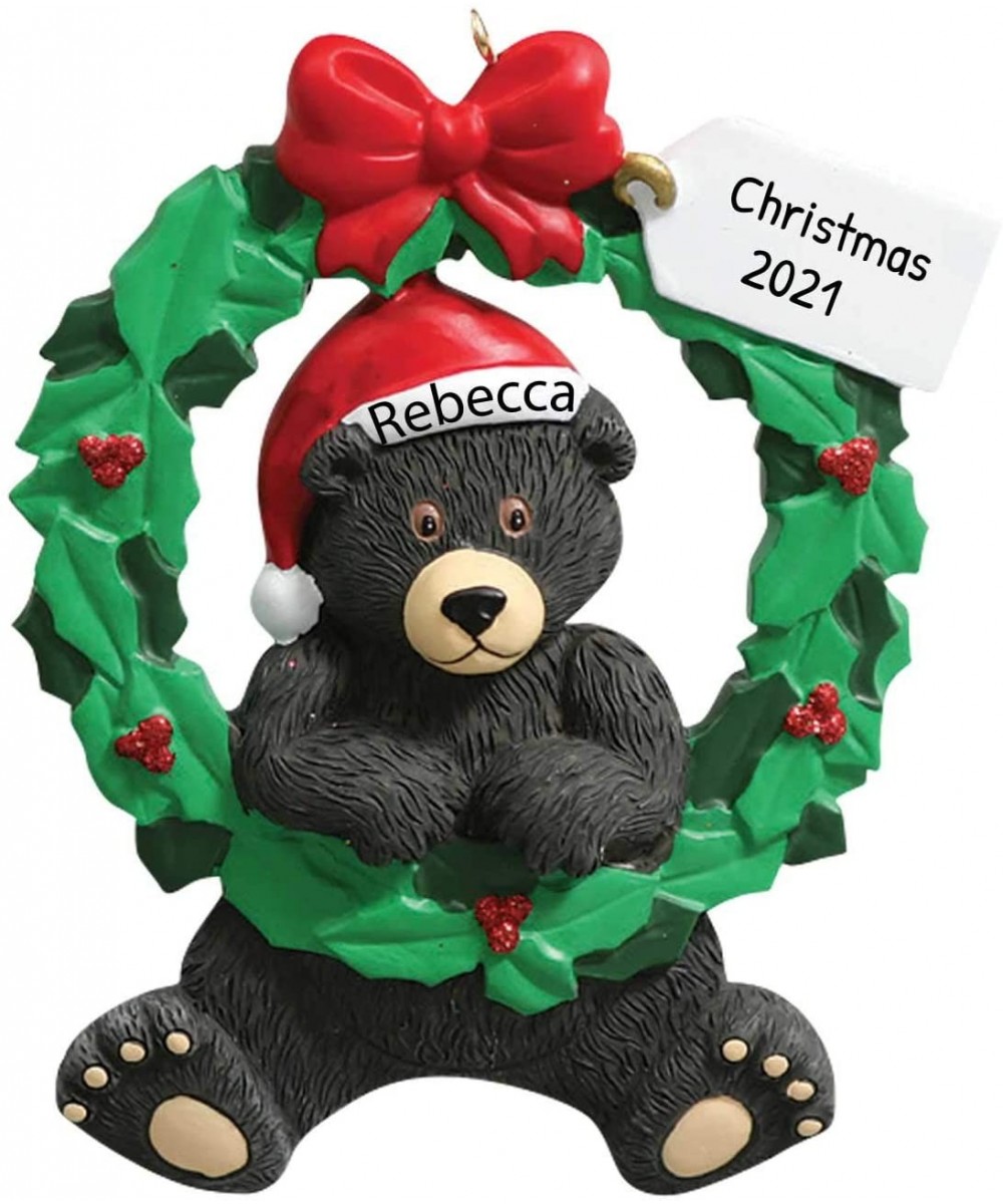 Personalized Black Bear Wreath Christmas Tree Ornament 2020 - Cute Animal Santa Hat Note Card Green Red Winter Holiday Tradit...
