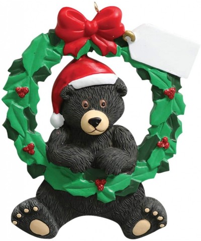 Personalized Black Bear Wreath Christmas Tree Ornament 2020 - Cute Animal Santa Hat Note Card Green Red Winter Holiday Tradit...