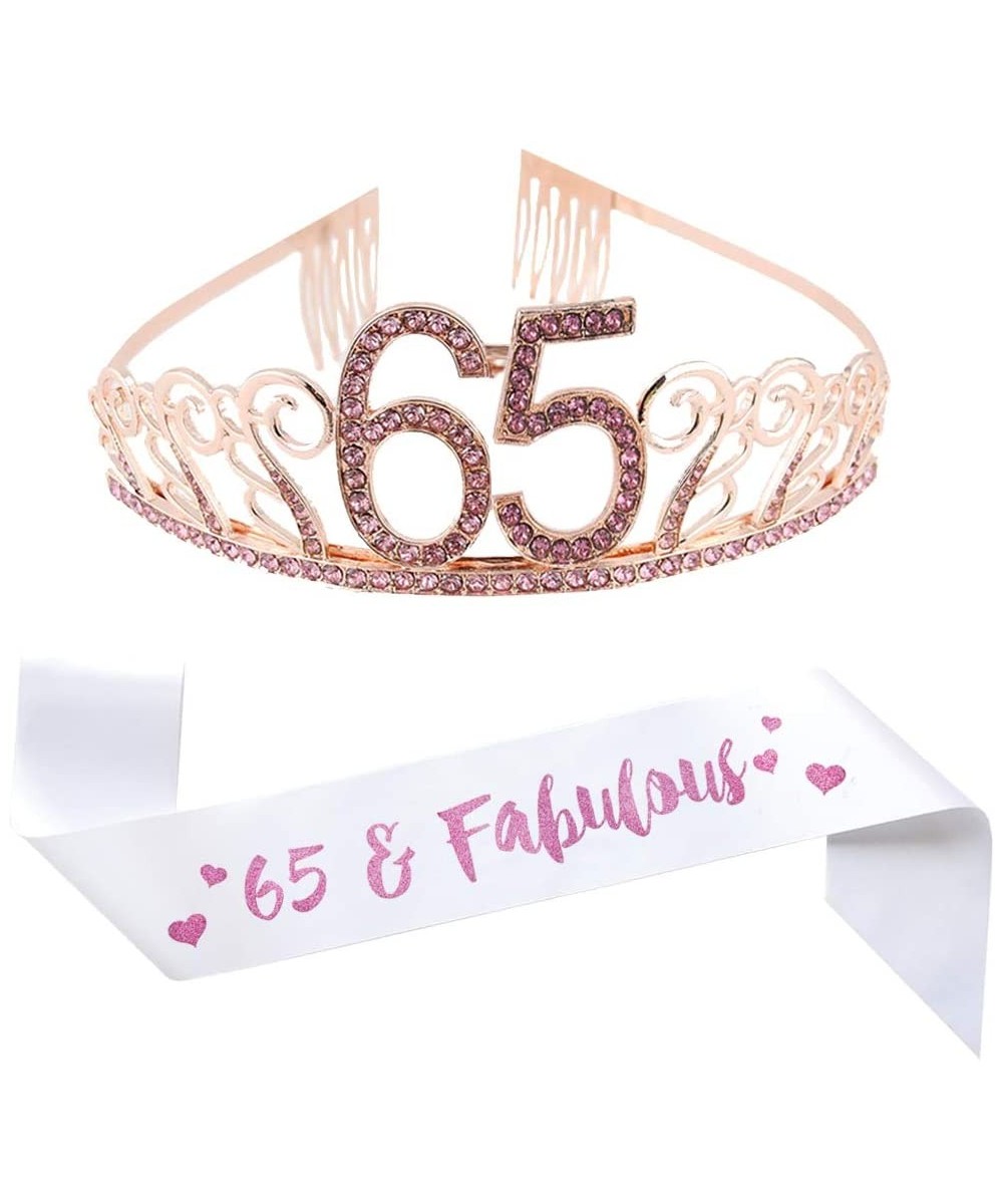 65th Brithday Tiara and Sash- Happy 65th Birthday Decorations Party Supplies- 65 & Fabulous White Sash and Crystal Rhinestone...