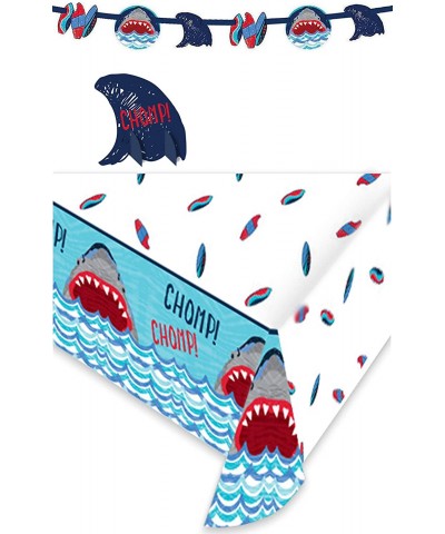 Shark Party Supplies - Shark & Waves Banner Garland- Plastic Table Cover- and Shark Fin Table Centerpiece Set - Shark & Waves...