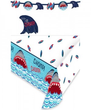 Shark Party Supplies - Shark & Waves Banner Garland- Plastic Table Cover- and Shark Fin Table Centerpiece Set - Shark & Waves...