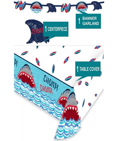 Shark Party Supplies - Shark & Waves Banner Garland- Plastic Table Cover- and Shark Fin Table Centerpiece Set - Shark & Waves...
