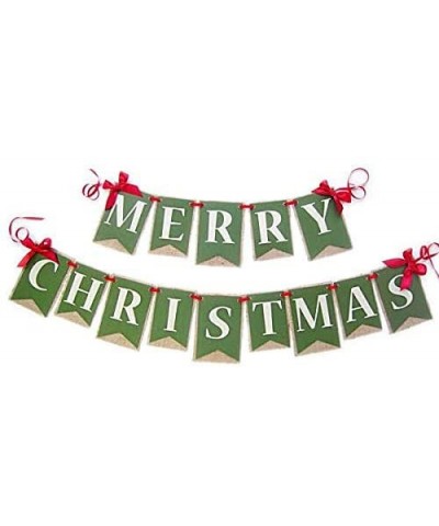 Merry Christmas Banner Holiday Burlap Banner Mantle Decor Handmade - CB18H0EX5K5 $10.14 Banners & Garlands