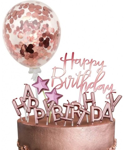 Rose Gold Cake Topper Decoration with Happy Birthday Candles Happy Birthday Banner Confetti Balloon Stars For Rose Gold Theme...