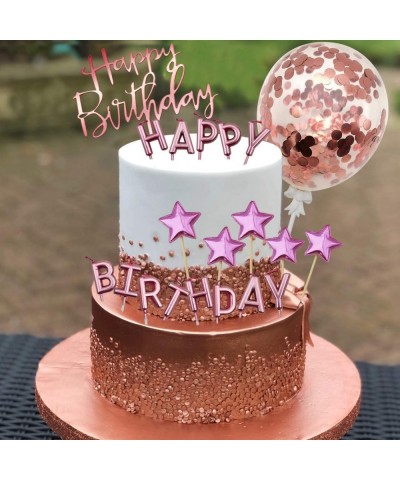 Rose Gold Cake Topper Decoration with Happy Birthday Candles Happy Birthday Banner Confetti Balloon Stars For Rose Gold Theme...