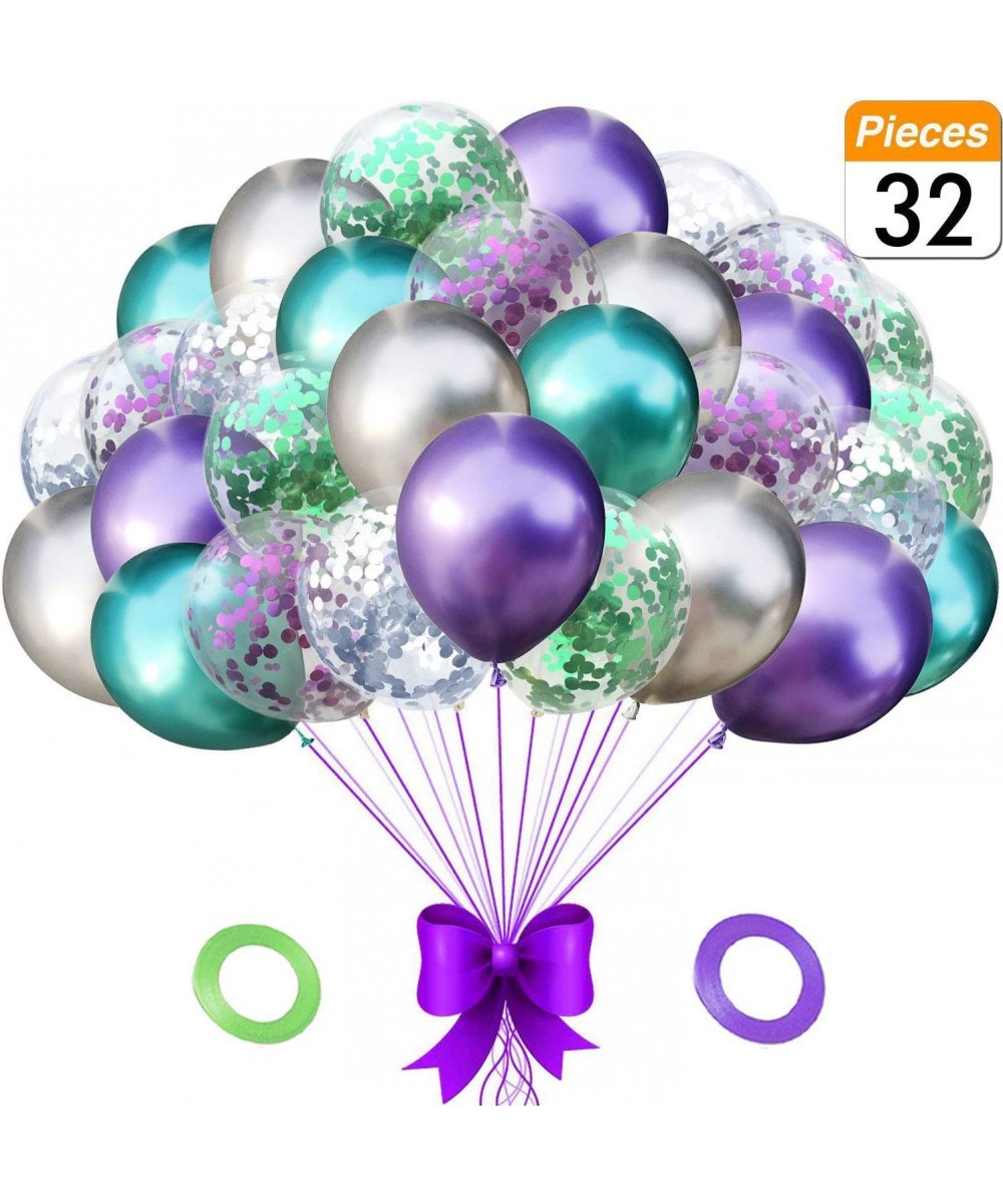 30PCS Mermaid Party Balloons Birthday Decorations - Green and Purple Metallic Balloons with Glitter Confetti Clear Sparkle De...
