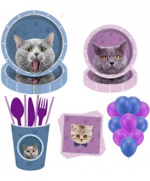 Pet Cat Party Supplies- Pet Cat Party Cutlery Set Includes Cute Cat Paper Plates- Dessert Plates- Balloons- Cups- Napkins- St...