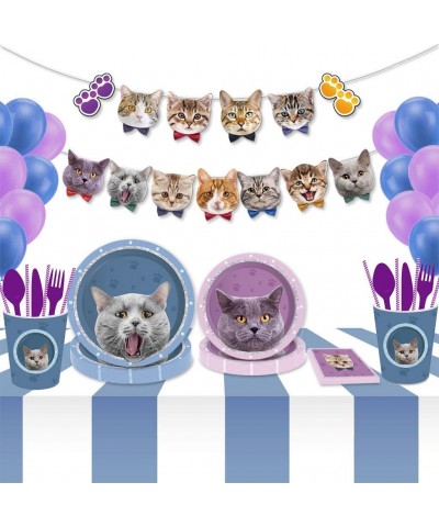 Pet Cat Party Supplies- Pet Cat Party Cutlery Set Includes Cute Cat Paper Plates- Dessert Plates- Balloons- Cups- Napkins- St...