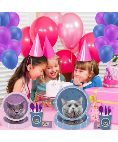 Pet Cat Party Supplies- Pet Cat Party Cutlery Set Includes Cute Cat Paper Plates- Dessert Plates- Balloons- Cups- Napkins- St...