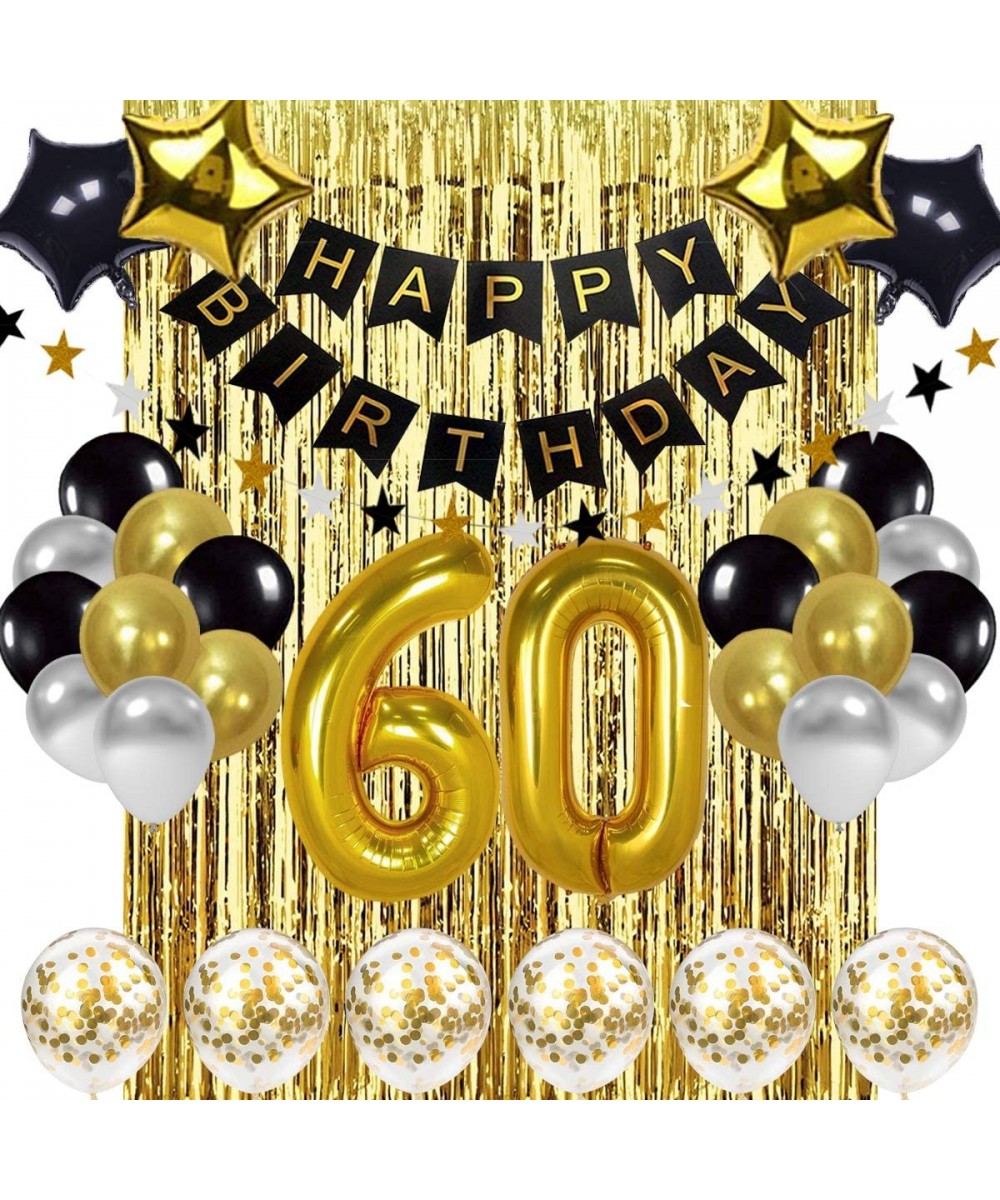 Black and Gold 60th Birthday Decorations Banner Balloon- Happy Birthday Banner- 60th Gold Number Balloons- Number 60 Birthday...