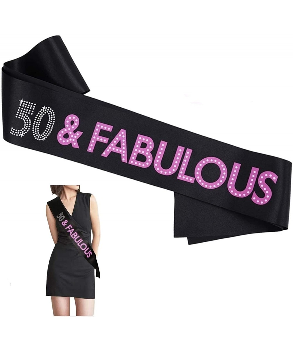 50 and Fabulous Birthday Sash for Women and Men- Black Satin Sash with White and Pink Lettering- Party Supplies Favors Decora...