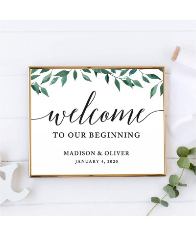 Personalized Wedding Party Signs- Natural Greenery Green Leaves- 8.5x11-inch- Welcome to Our Beginning- 1-Pack- Custom Made A...