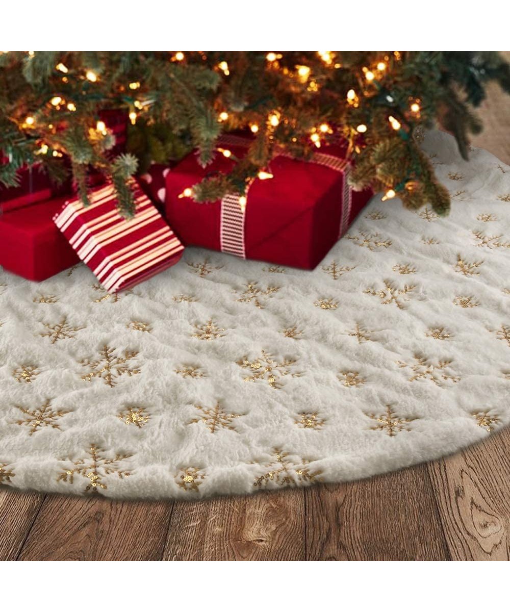 Christmas Tree Skirt- 48 inches Large Luxury Thick Xmas Decorations- White Plush Faux Fur with Gold Sequin Snowflakes - CO18A...