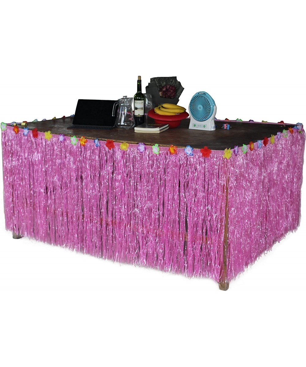 Hawaiian Hibiscus Table Skirt with Color String & Silk Faux Flowers Party Decoration- Pink 9 FT - Pink - CC184DO6YYK $8.47 Ta...