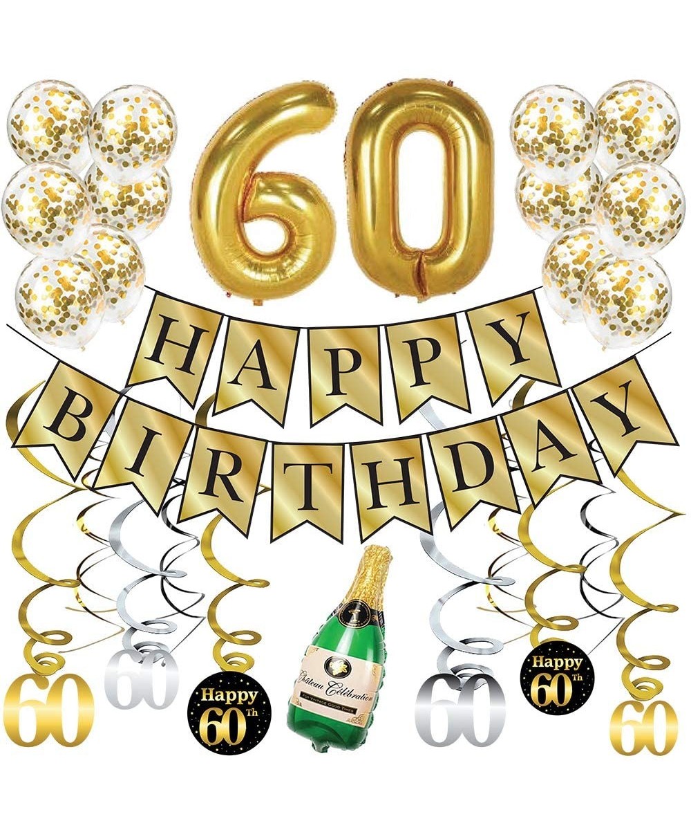 60th Birthday Gold Party Pack - Happy Birthday Bunting Banner- Gold "60" Balloons- Champagne Balloon- Swirls and Metallic Gli...