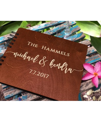 Wooden Wedding Guest Book (8.5"x 7" Mahogany Stain) Personalized Wood Rustic Charm Engraved for Bride and Groom Vintage Monog...