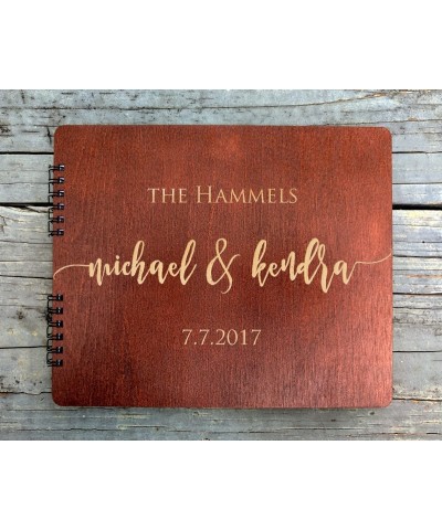 Wooden Wedding Guest Book (8.5"x 7" Mahogany Stain) Personalized Wood Rustic Charm Engraved for Bride and Groom Vintage Monog...