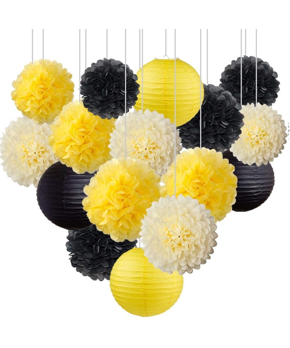 Set of 16 Black Yellow Bee Party Decoration Hanging Paper Lanterns Paper Pompoms Backdrop for Bumblebee Bee Baby Shower Gende...