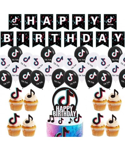 38Pcs TIK-Tok Themed Birthday Party Supplies Set Happy Birthday Banner- Cake Topper- Cupcake Toppers- Balloons for Kids Party...