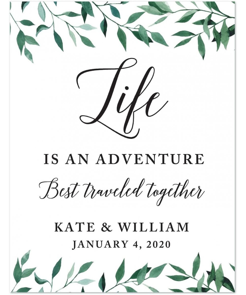 Personalized Wedding Party Signs- Natural Greenery Green Leaves- 8.5x11-inch- Life is an Adventure Best Traveled Together- Ka...