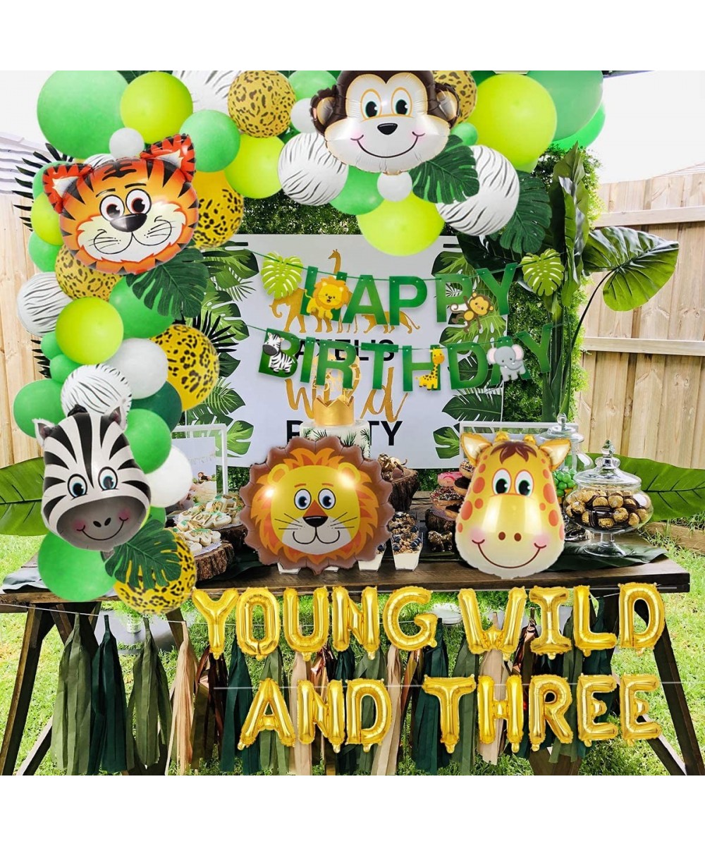Jungle Theme 3rd Birthday Decorations Safari Balloon Garland with Young Wild And Three Animal Foil Balloons- Happy Birthday B...