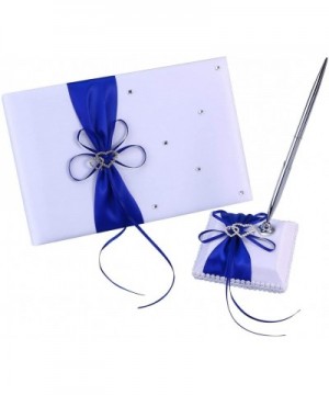 Wedding Guest Book and Pen Set Double Heart Rhinestone Decor Signature Book with Pen for Wedding Party Decorations - Blue - C...