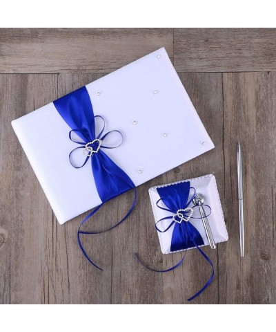 Wedding Guest Book and Pen Set Double Heart Rhinestone Decor Signature Book with Pen for Wedding Party Decorations - Blue - C...